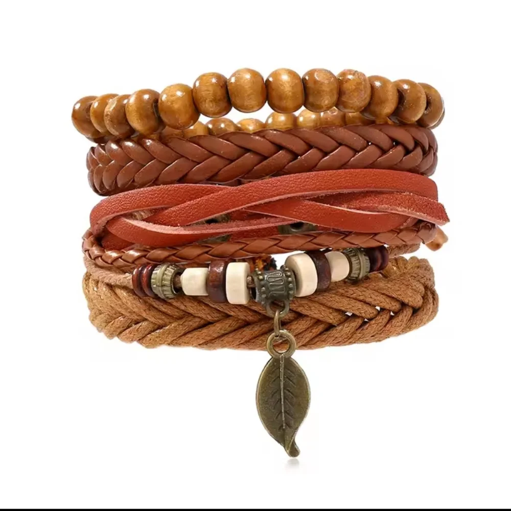 4pc Men's Bracelets‎ Set Leather Braided Layered Beaded Brown New f25
